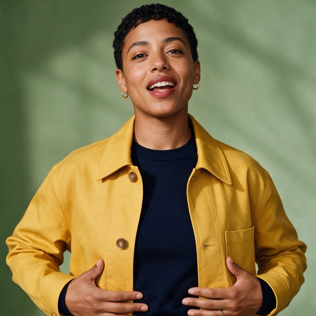 Fashion portrait of an adult nonbinary person in their late twenties wearing a structured saffron-yellow canvas jacket over a fine-gauge navy merino top, hands resting on the jacket hem. Their bright, self-assured expression contrasts with a softly lit sage-green backdrop. — Seedream 5.0 Pro