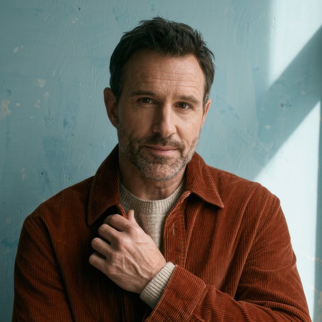 Portrait photograph of an adult man in his late 30s wearing a rust-colored corduroy overshirt over a cream knit, fingertips resting on its broad collar. His quietly curious gaze meets the camera against a pale blue plaster backdrop, softly lit by cool side-window light. — Kling v3 Omni
