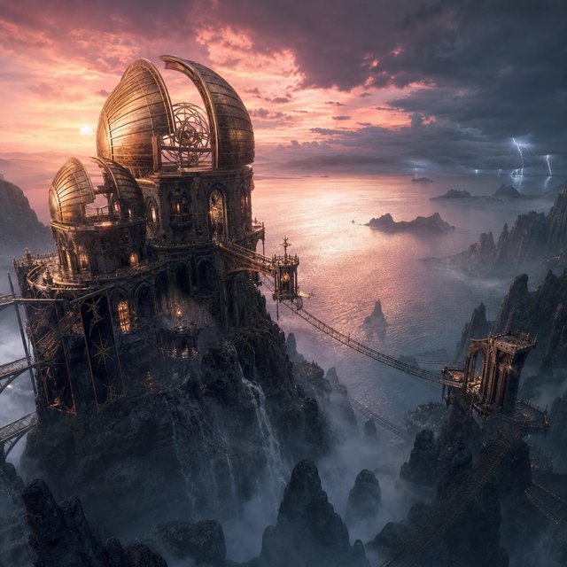 A wind-carved observatory crowns black cliffs above a silver inland sea, its open brass domes catching the last rose light. Salt mist drifts through suspended bridges as distant storms flicker beyond the horizon. — GPT Image 2
