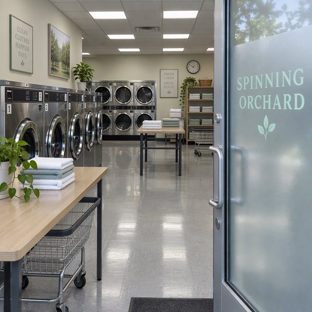 Inside a quiet neighborhood laundromat, chrome machines and folded linen glow beneath cool ceiling lights; "SPINNING ORCHARD" is printed in pale mint letters on the frosted glass entry door. — GPT Image 2.5 Flare