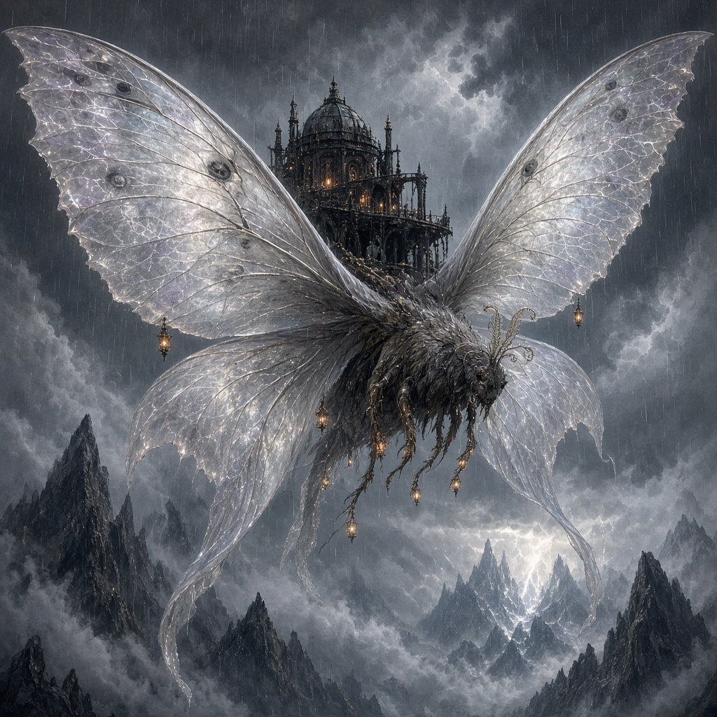 A colossal moon-moth creature glides above a stormy mountain range, its translucent wings glowing with silver veins and carrying a ruined observatory on its back. Lightning silhouettes distant peaks while amber lanterns shimmer through rain and cloud. — Grok Imagine Image 2