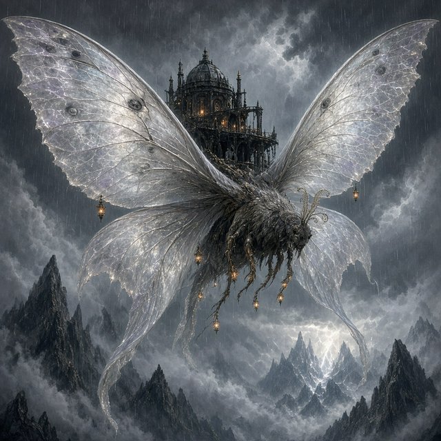 A colossal moon-moth creature glides above a stormy mountain range, its translucent wings glowing with silver veins and carrying a ruined observatory on its back. Lightning silhouettes distant peaks while amber lanterns shimmer through rain and cloud. — Grok Imagine Image 2