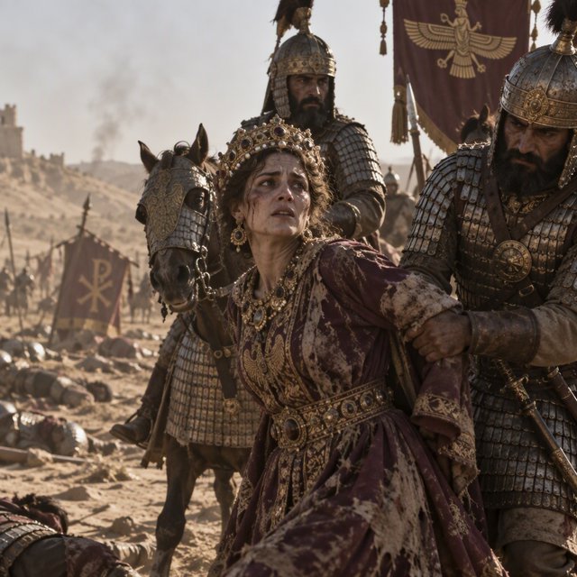 Film capture. Cinematic scene of the Byzantine empress being captured by Sassanid cataphracts. Harsh desert lighting. Shallow depth of field. The image takes place in the aftermath of a battle. All of the subjects are dusty and disheveled. — GPT Image 2.5 Sunburst