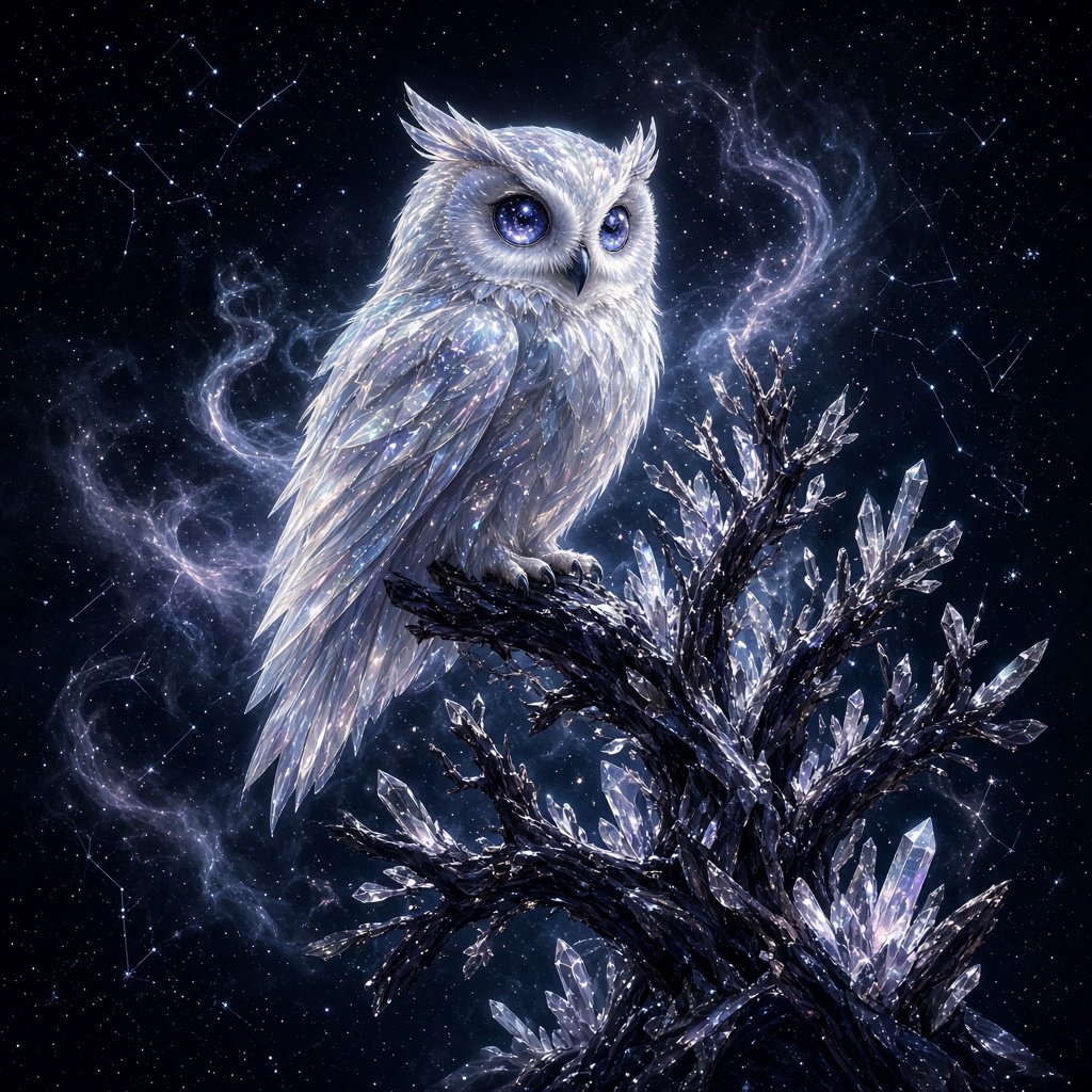 An ethereal owl with feathers made of shimmering moonlight and eyes like miniature galaxies, perched on a branch of a crystalline tree that grows in a void. Wisps of cosmic dust drift around it, and faint constellations are visible in the background. The scene evokes a sense of profound tranquility and celestial mystery. Style: Ethereal, surrealism, with a touch of photorealism. — Grok Imagine Image 2