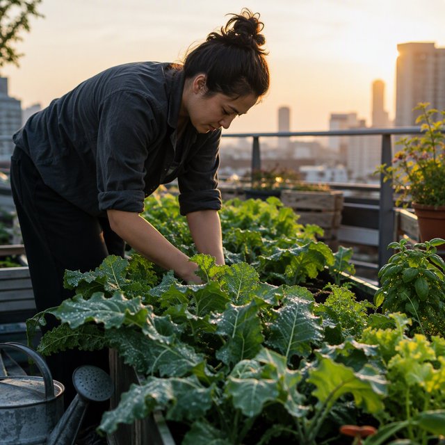 Candid documentary photograph of an adult tending a rooftop vegetable garden in the late afternoon, soft side light, 50mm lens with moderate depth of field, water droplets glinting on freshly watered leaves. — GPT Image 2.5 Flare