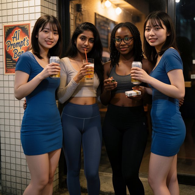 Photorealistic image, late at night. The image shows a pretty 21-year-old Japanese woman wearing a blue dress that fits her body. Next to her is a pretty 24-year-old Indian woman wearing a crop top and leggings that fit her. Another is a pretty Black woman, age 23–27, wearing gym wear and glasses. They are having a group photo in front of a bar called “AI Prompt’s Bar.” The image shows full front, back, and side views of the women. Vibe: busy friends who finally made time to hang out. — Krea 2 Medium