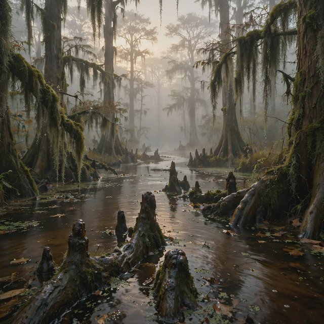 A cypress swamp at foggy sunrise after overnight drizzle, dark tea-colored water threading between moss-draped trunks; slick root knees and floating leaves lead toward pale trees disappearing into layered mist. — Muse Image 1.0