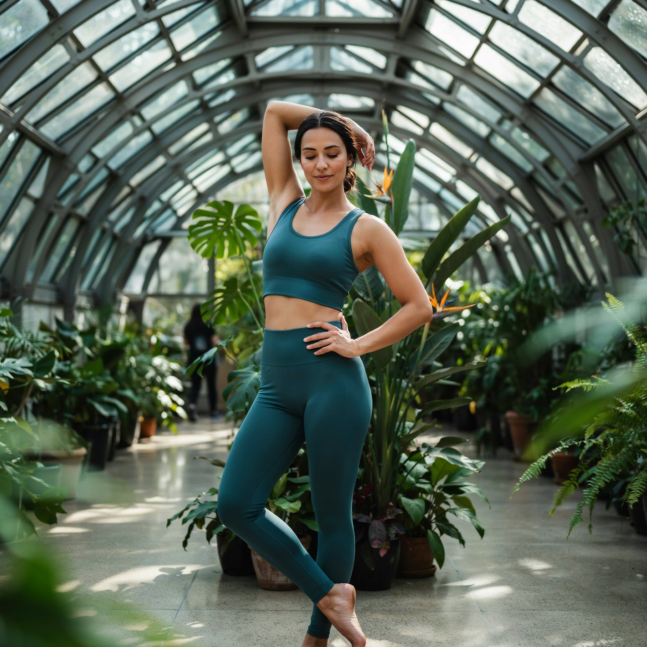 Editorial glamour photograph of an adult woman in a deep teal fitness set, enjoying a calm stretch amid a sunlit botanical conservatory, flattering window light filtering through tropical leaves, relaxed expression, polished fashion-magazine elegance. — Ideogram v4