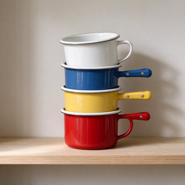 Exactly four enamel camping cups form a vertical tower on a pale wooden shelf, bottom to top: red, yellow, blue, white; all handles face right. Soft morning light, nothing else. — Seedream 5.0 Flash
