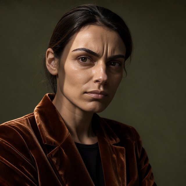 Her guarded gaze catches a solitary beam in a low-key fashion portrait: an adult woman aged 27–35 wears a rust-colored velvet blazer, the rest of her face falling into shadow against a deep olive backdrop. — FLUX 3 Image Klein