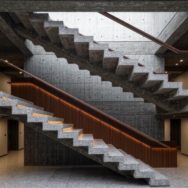 At the heart of a restrained Brutalist museum, a folded concrete stair rises beside smoked-oak handrails and terrazzo landings; skylight washes the treads, seen from the lower landing, with aligned flights and believable supports. — Kling v3 Omni