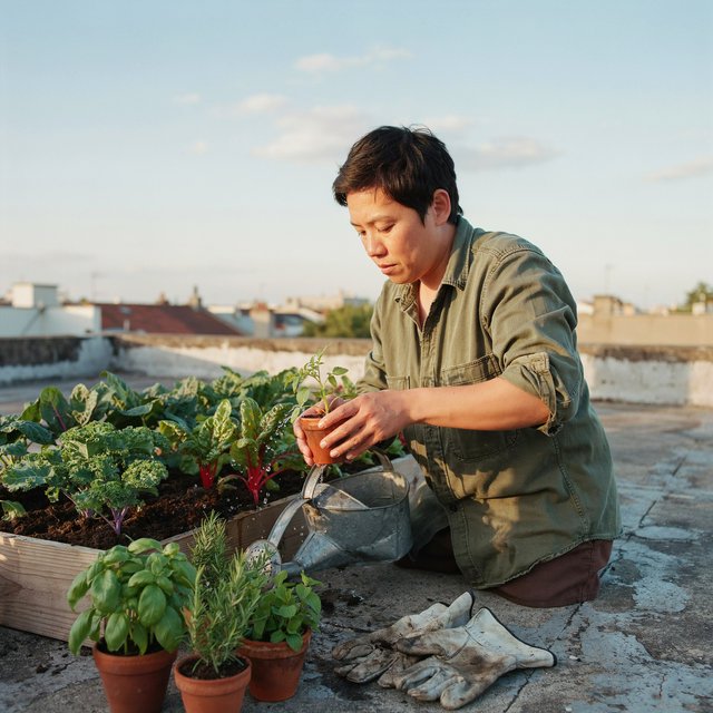 Candid documentary photograph of an adult tending a rooftop vegetable garden in the late afternoon, soft side light, 50mm lens with moderate depth of field, water droplets glinting on freshly watered leaves. — Ideogram v4.5