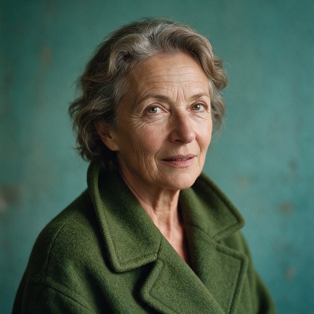 Beside a faded teal studio wall, a close-up fashion portrait frames an adult woman aged 68–76, her weathered skin softly detailed; she wears a moss-green wool coat and holds a calm, searching gaze in gentle side light. — Model 20