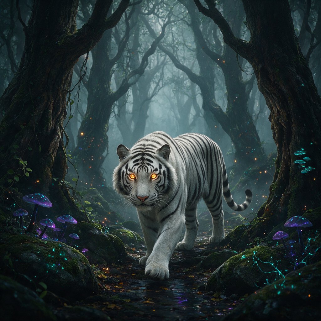 A majestic white tiger with eyes like molten gold, walking through a misty, ancient forest. Strange, bioluminescent flora casts an ethereal glow on the gnarled trees and moss-covered stones. The atmosphere is one of profound mystery and quiet solitude. Rendered in the style of detailed matte painting with a touch of dark fantasy concept art. — Seedream 5.0 Pro