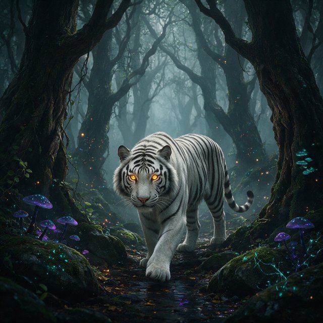A majestic white tiger with eyes like molten gold, walking through a misty, ancient forest. Strange, bioluminescent flora casts an ethereal glow on the gnarled trees and moss-covered stones. The atmosphere is one of profound mystery and quiet solitude. Rendered in the style of detailed matte painting with a touch of dark fantasy concept art. — Seedream 5.0 Pro