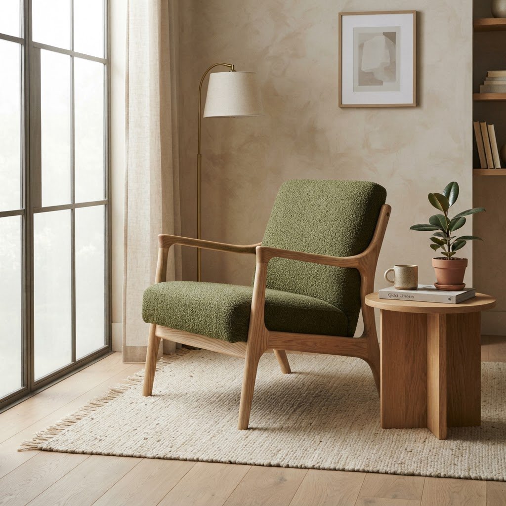 In a quiet reading-room corner, an unbranded lounge chair pairs a curved ash frame with nubby moss-green wool upholstery, set on a pale jute rug before a warm plaster wall; broad window diffusion and soft bounce shape this commercial product image, with no lettering. — Nano Banana 2 Lite