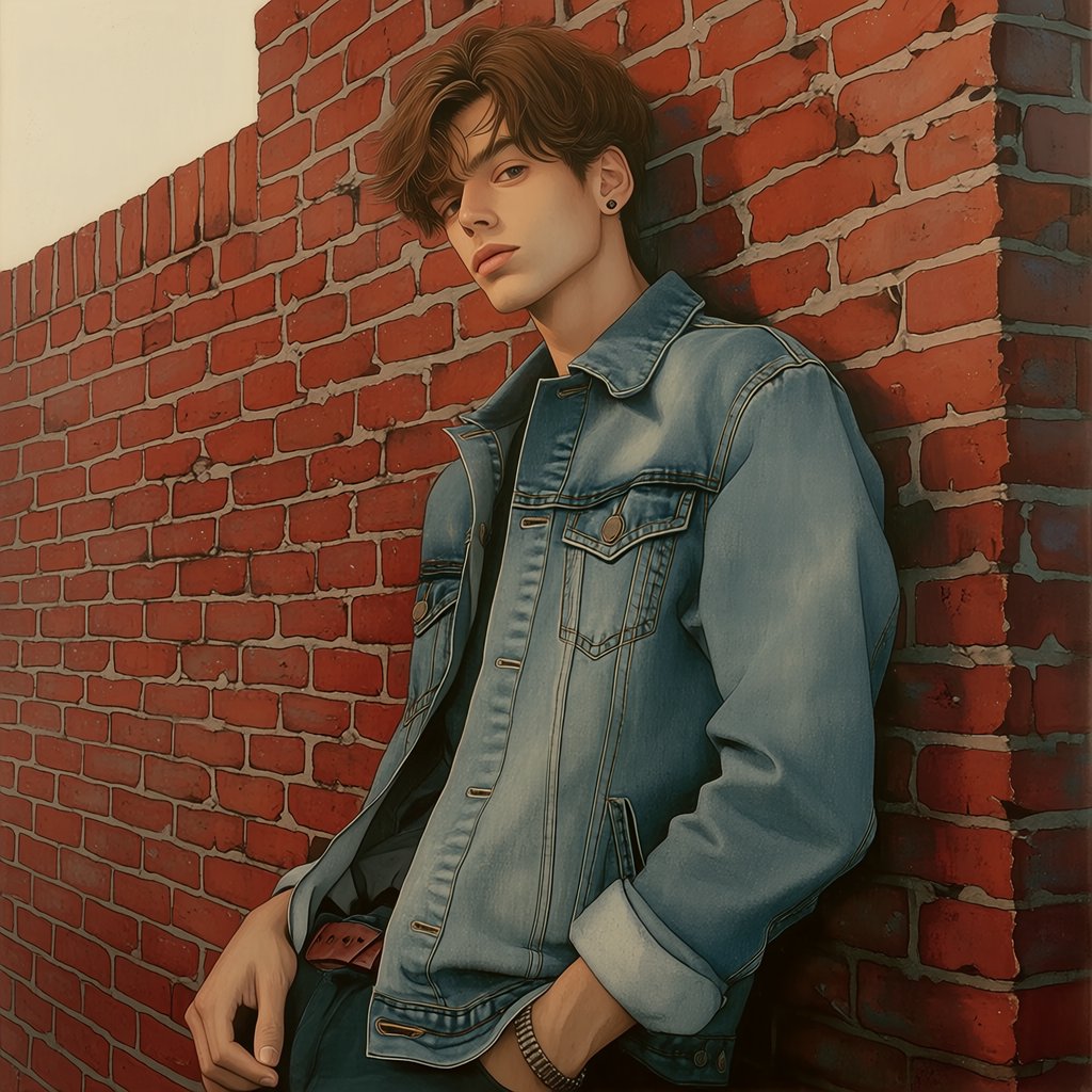 Environmental portrait of a young man in a denim jacket leaning on a red brick wall, overcast light, looking just past the camera. — Midjourney Niji 7