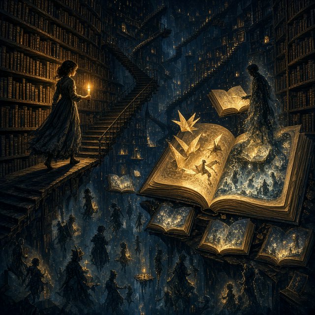 In an infinite library where floating staircases defy gravity, a young woman carries a candle through endless shelves. Her shadow has quietly detached itself from her feet and now wanders independently among the towering bookcases, secretly opening glowing books filled with forgotten memories. Each open page reveals miniature worlds: flying origami birds, drifting clocks, and tiny ghostly figures. The woman's candlelight creates impossible reflections, revealing dozens of alternative shadows with distinct personalities. Dreamlike surrealism, warm golden candlelight set against deep blue darkness, intricate details, magical realism, painterly. — Grok Imagine Image 2