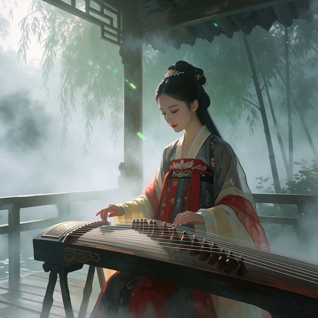 An elegant ancient Chinese lady in hanfu plays the guzheng in a quiet garden pavilion, surrounded by willow trees and mist, creating a poetic atmosphere. — Krea 2 Medium