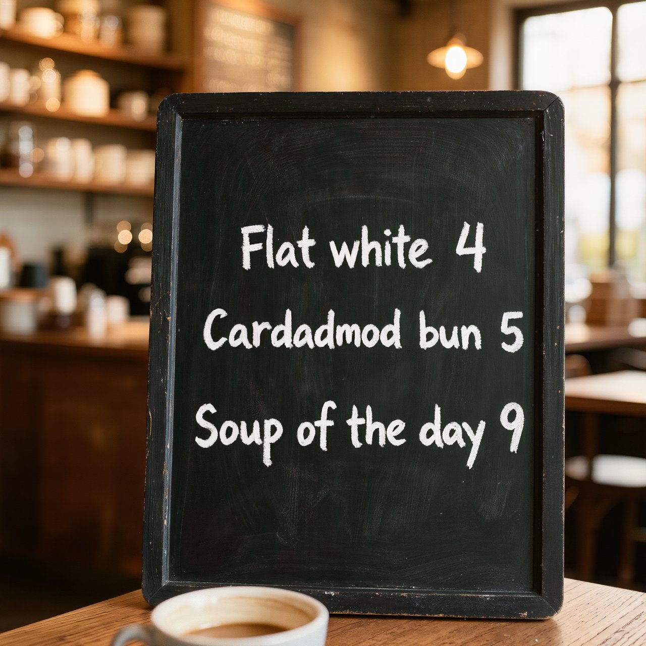 A café chalkboard listing exactly three items: "Flat white 4", "Cardamom bun 5", "Soup of the day 9", in neat chalk handwriting. — Kling v3