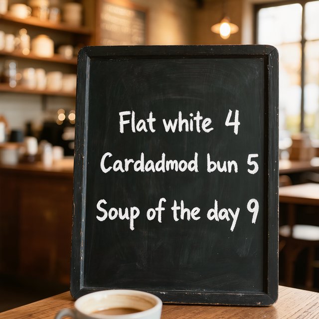 A café chalkboard listing exactly three items: "Flat white 4", "Cardamom bun 5", "Soup of the day 9", in neat chalk handwriting. — Kling v3
