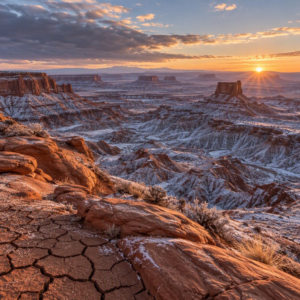 A red-sandstone badlands plateau beneath clearing winter clouds at sunrise, overnight frost silvering the gullies; cracked clay and wind-smoothed rock lead the eye across layered mesas fading into pale distance. — GPT Image 2.5 Sunburst