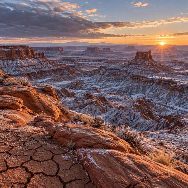 A red-sandstone badlands plateau beneath clearing winter clouds at sunrise, overnight frost silvering the gullies; cracked clay and wind-smoothed rock lead the eye across layered mesas fading into pale distance. — GPT Image 2.5 Sunburst