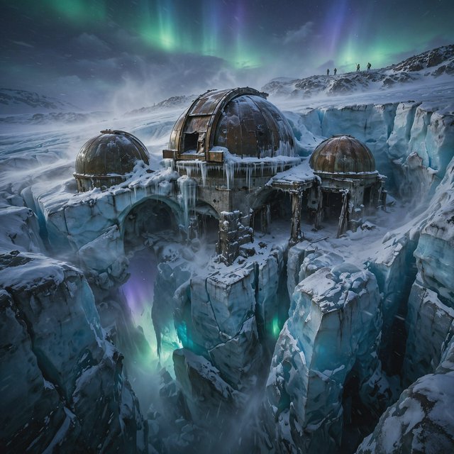 An abandoned observatory carved into a glacier, its bronze domes protruding from blue ice, aurora light filtering through crevasses, tiny adult explorers on a distant ridge emphasizing immense scale, drifting snow and deep polar shadows. — Muse Image 1.0