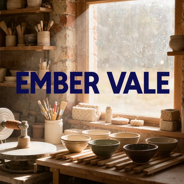 Inside a sunlit ceramics studio, glazed bowls dry beside a turning wheel and shelves of clay tools; "EMBER VALE" is painted in cobalt capitals on the front window. — Kling v3