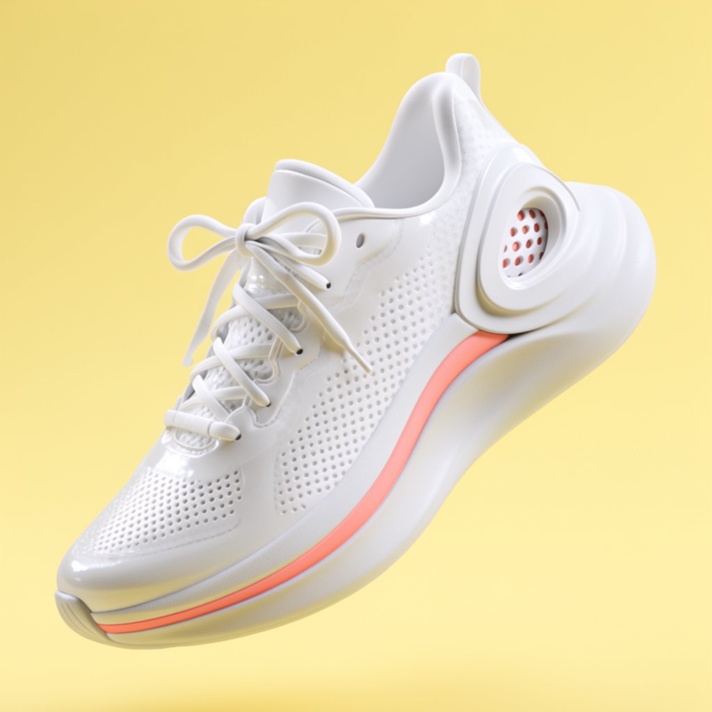 A white running sneaker with a coral sole floating at a slight angle over a pastel yellow background, studio lighting, no shadow on the backdrop. — Krea 2 Large
