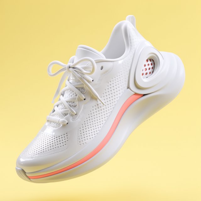A white running sneaker with a coral sole floating at a slight angle over a pastel yellow background, studio lighting, no shadow on the backdrop. — Krea 2 Large