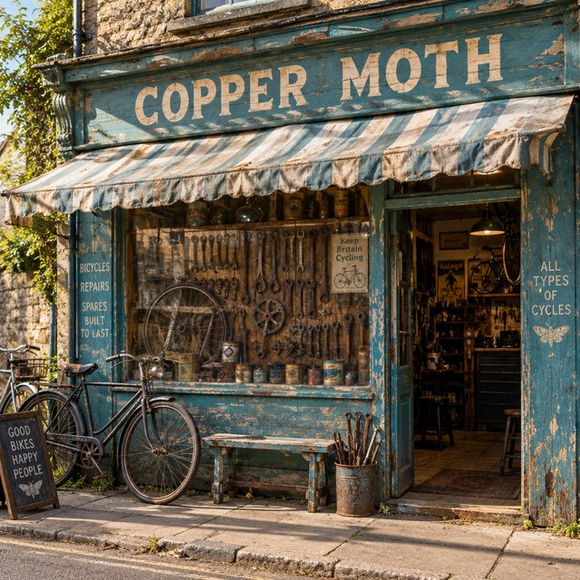 An old roadside bicycle workshop beneath a faded striped awning, rusted tools displayed in the window, with "COPPER MOTH" painted in cream block letters across the weathered wooden fascia, afternoon sunlight catching peeling turquoise paint. — GPT Image 2.5 Flare