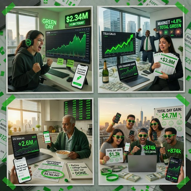 People making successful trades. A totally green day. Making a lot of money (life-changing money). At least 4 scenes. — Grok Imagine Image Quality