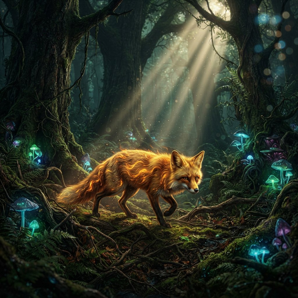 A cunning fox with fur like molten gold cautiously steps through a dense, ancient forest. Shafts of light pierce the canopy, illuminating dust motes dancing in the air. Strange, glowing mushrooms cast an otherworldly light on the moss-covered ground. The style is a blend of dark fantasy illustration and hyperrealism, with a focus on dramatic, cinematic lighting. — Nano Banana 2 Lite