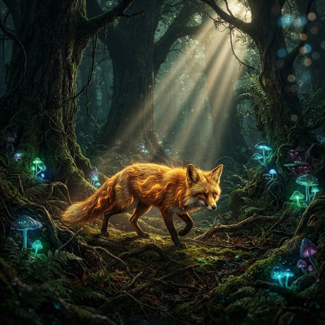 A cunning fox with fur like molten gold cautiously steps through a dense, ancient forest. Shafts of light pierce the canopy, illuminating dust motes dancing in the air. Strange, glowing mushrooms cast an otherworldly light on the moss-covered ground. The style is a blend of dark fantasy illustration and hyperrealism, with a focus on dramatic, cinematic lighting. — Nano Banana 2 Lite