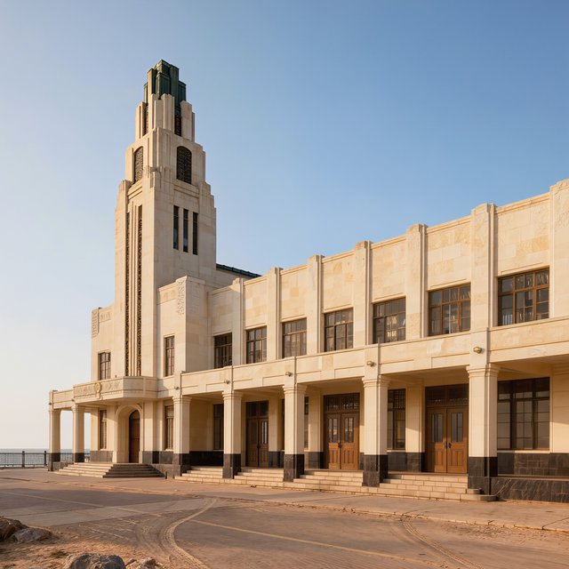 Exterior of a coastal Art Deco ferry terminal, cream limestone, dark bronze window frames, stepped geometric tower and sheltered arcade, late-morning sunlight casting sharp shadows, viewed from across a windswept stone forecourt, realistic architectural photography with precise lines and plausible structure. — Kling v3