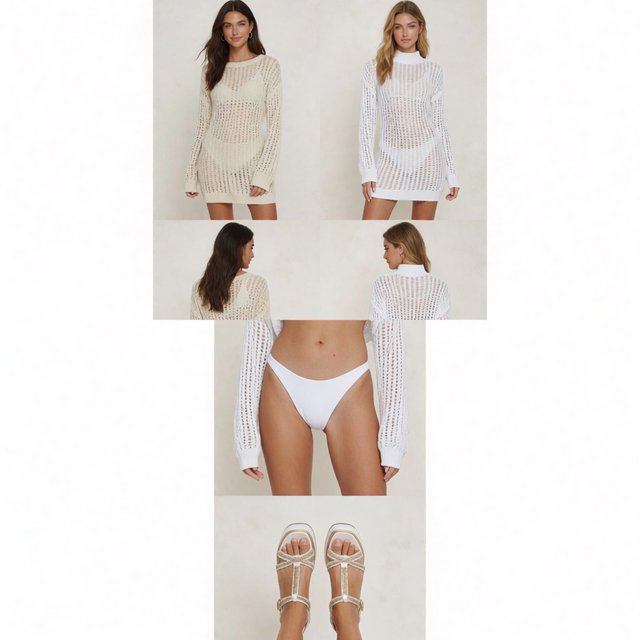 Realistic adult female models on the runway in beachwear. 4–7 models. Full front, back, side, and aerial views. — Model 8