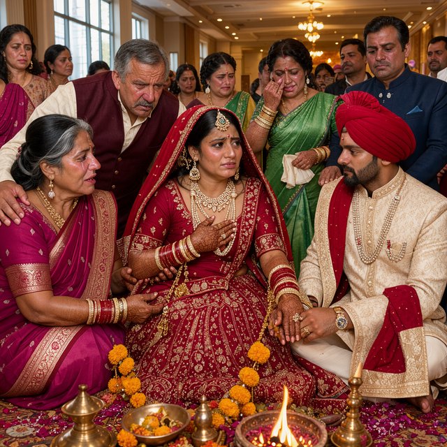 A realistic scene of an Indian wedding showing the emotions of the adult bride and her adult family members — FLUX 3 Image Klein
