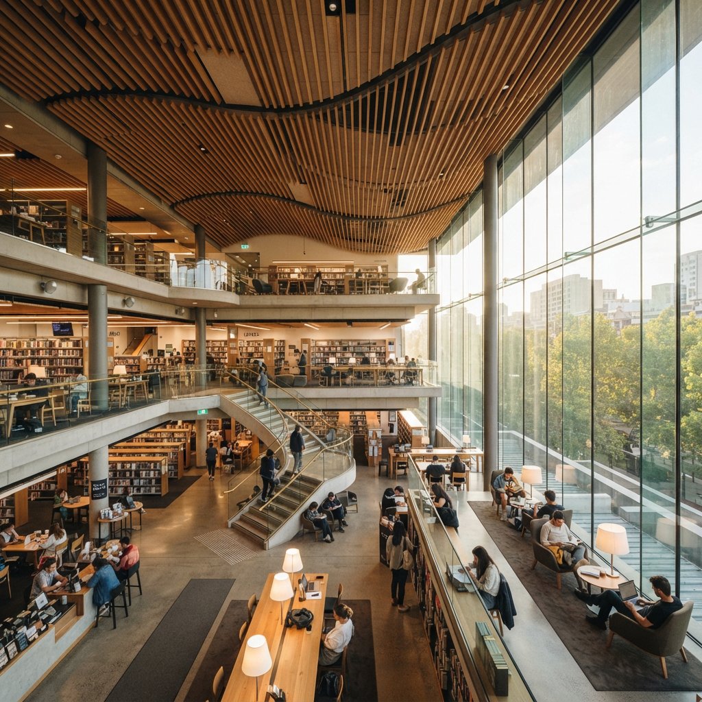 Interior of a modern public library with a three-storey atrium, timber ceiling slats, people reading, afternoon light through a glass wall. — Nano Banana 2 Lite