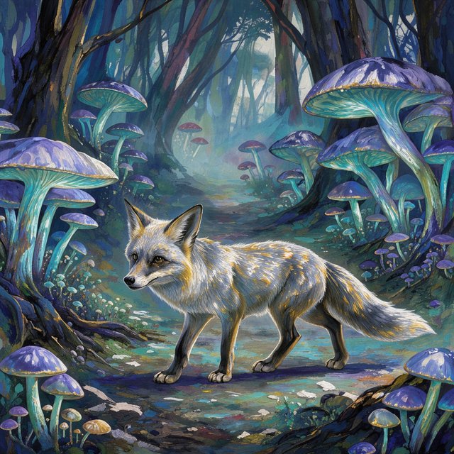 A solitary fox with fur like molten moonlight walks through an ethereal forest. Towering, bioluminescent fungi illuminate the path, casting an otherworldly glow. The style is reminiscent of early 20th-century magical realism, with bold, gestural brushstrokes akin to abstract expressionism, and a watercolor-like diffusion of light. — Model 2
