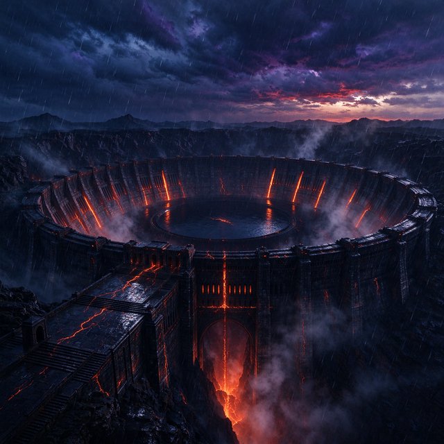 A colossal ring-shaped dam bridges a volcanic caldera, its black stone spillways veined with molten light. Rain veils the terraces as steam rises into a bruised dusk sky. — Seedream 5.0 Flash