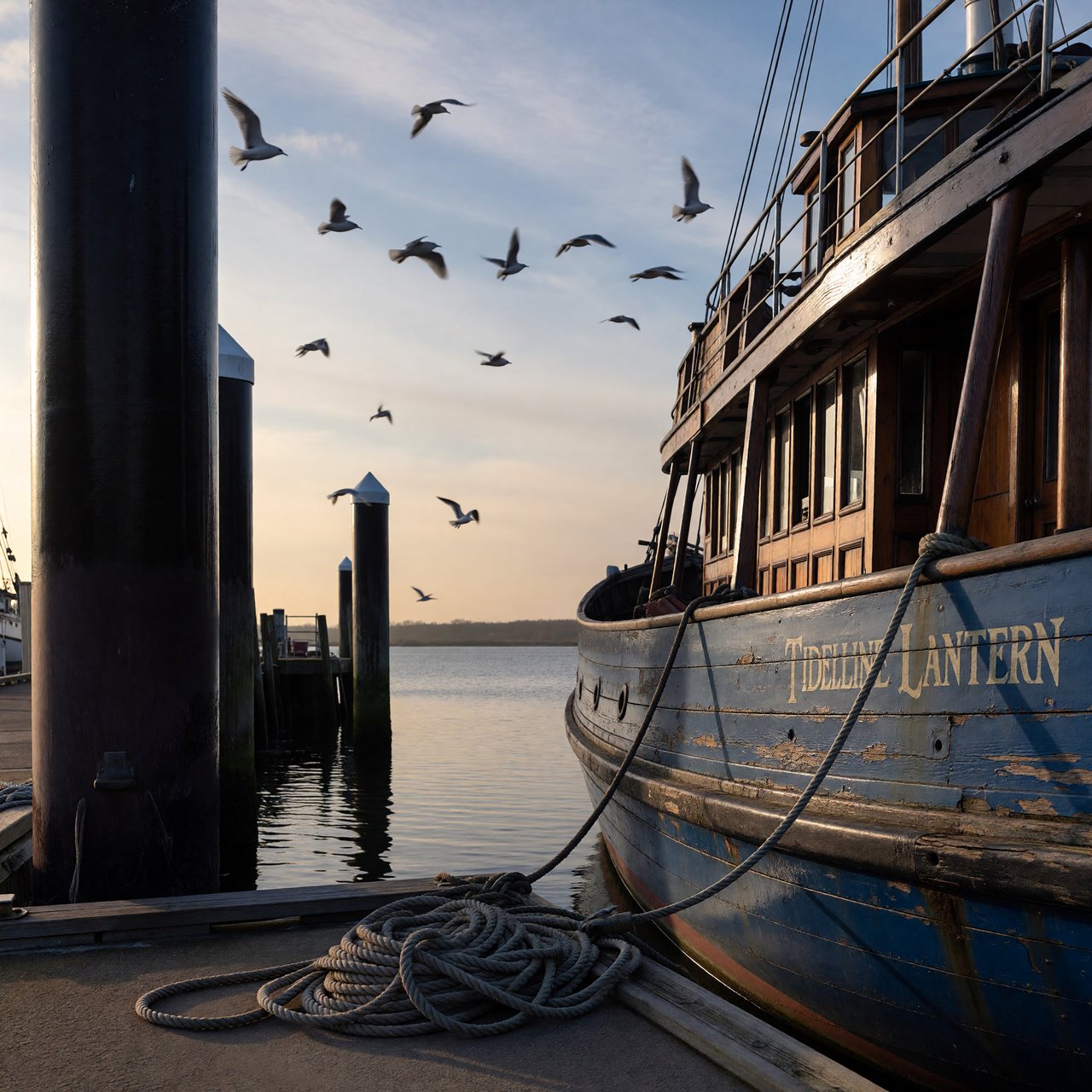 At a quiet harbor, a weathered wooden ferry rests beside slick pilings, ropes coiled on deck as gulls wheel overhead; "TIDELINE LANTERN" is painted in faded ivory letters along the blue hull. — ImagineArt 1.5 Pro