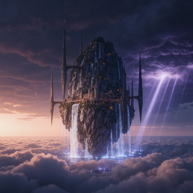A colossal cliffside monastery hangs beneath a floating island, its waterfalls falling into luminous cloud seas. Bronze bridges connect needle towers, while dawn rays pierce violet storms and tiny windows glow above an endless abyss. — Kling v3 Omni