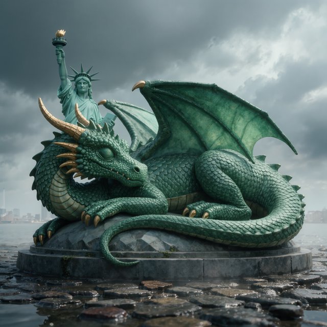 A dragon sleeping on the Statue of Liberty on a moody, overcast day. — Kling v3 Omni