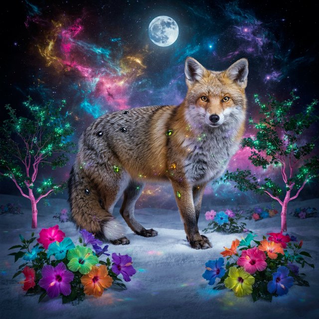 A fantasy still photography image of a majestic silver and gold fox, its fur coat features a breathtaking fiber-optic rainbow-glitter that shimmers with dense prismatic sparkles shifting vibrantly under the ethereal moonlight, the fox features deep silver undertones across its thick coat and is perched proudly in a front-facing posture, its fur is intricately adorned with embedded polished peridot and shimmering onyx that catch the glowing light, it is walking in an enchanted snow filled landscape filled with multicolored bioluminescent hibiscus flowers blooming in radiant neon shades and blooming pink bioluminescent trees with glowing green blossoms, the background features a dramatic full moon and a vibrant multicolored starry sky filled with multicolored swirling galaxy, a soft ethereal glow illuminates the fox's commanding silhouette, razor-sharp focus on its piercing golden eyes, magical realism style, fantasy art. — Ideogram v4.5