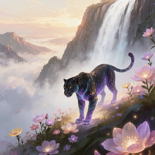 A majestic leopard, its fur detailed in intricate glowing fiber optics, emerges from a dreamlike, mist-shrouded floral mountain landscape with a waterfall in the background. The scene is bathed in ethereal light, evoking a sense of awe and wonder. — Kling v3