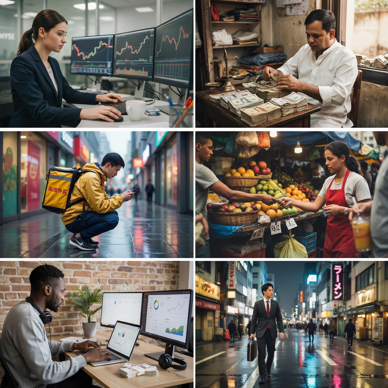 An image about people making a lot of money around the world, shown in 4–6 scenes. Realistic image. — Ideogram v4