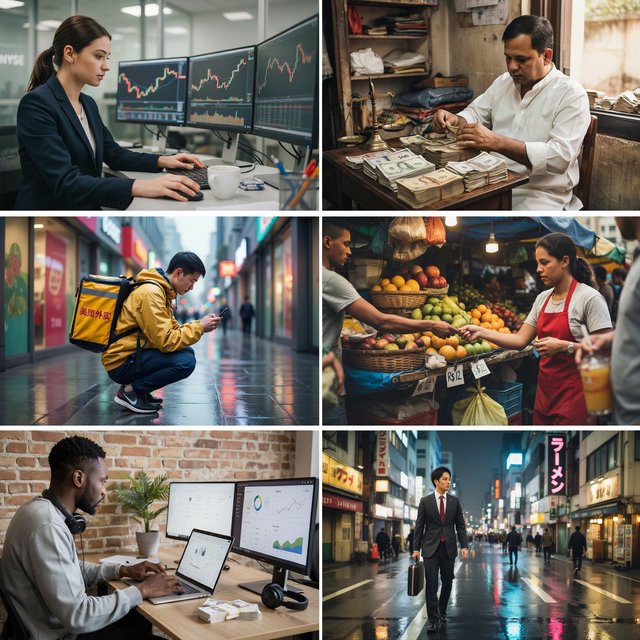 An image about people making a lot of money around the world, shown in 4–6 scenes. Realistic image. — Ideogram v4