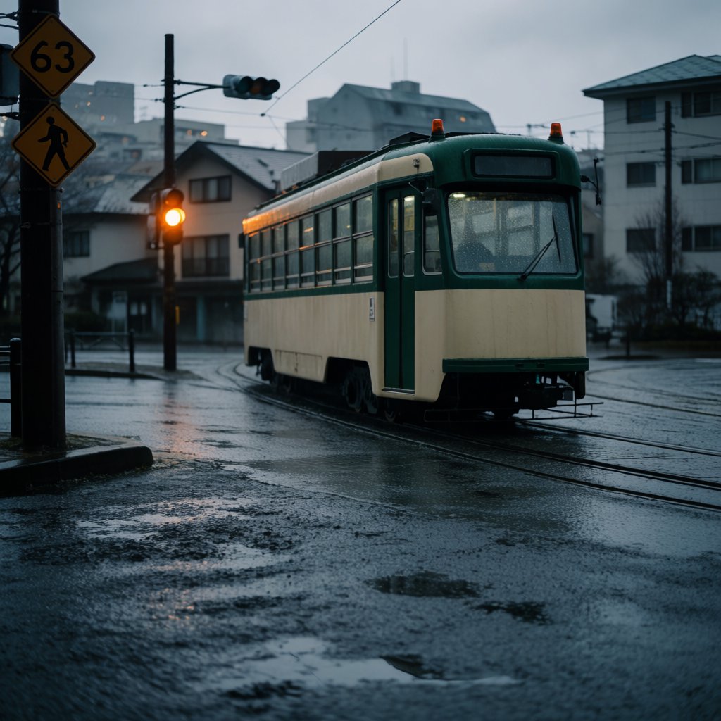 At a rain-darkened intersection, a tram grinds through a curve, its steel wheels shining beneath amber signal glow. A street-level news photo, shot on a 35mm lens with moderate depth of field, catches beads of water on the windows and slight wheel blur. — Krea 2 Medium