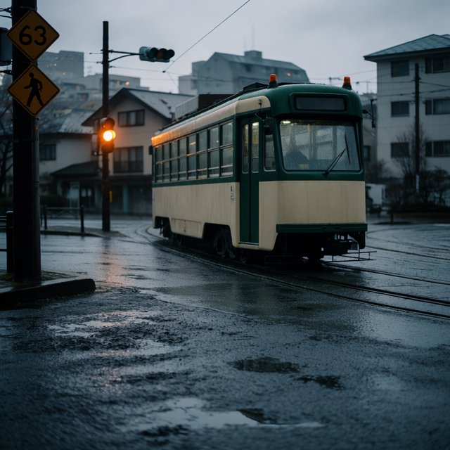 At a rain-darkened intersection, a tram grinds through a curve, its steel wheels shining beneath amber signal glow. A street-level news photo, shot on a 35mm lens with moderate depth of field, catches beads of water on the windows and slight wheel blur. — Krea 2 Medium